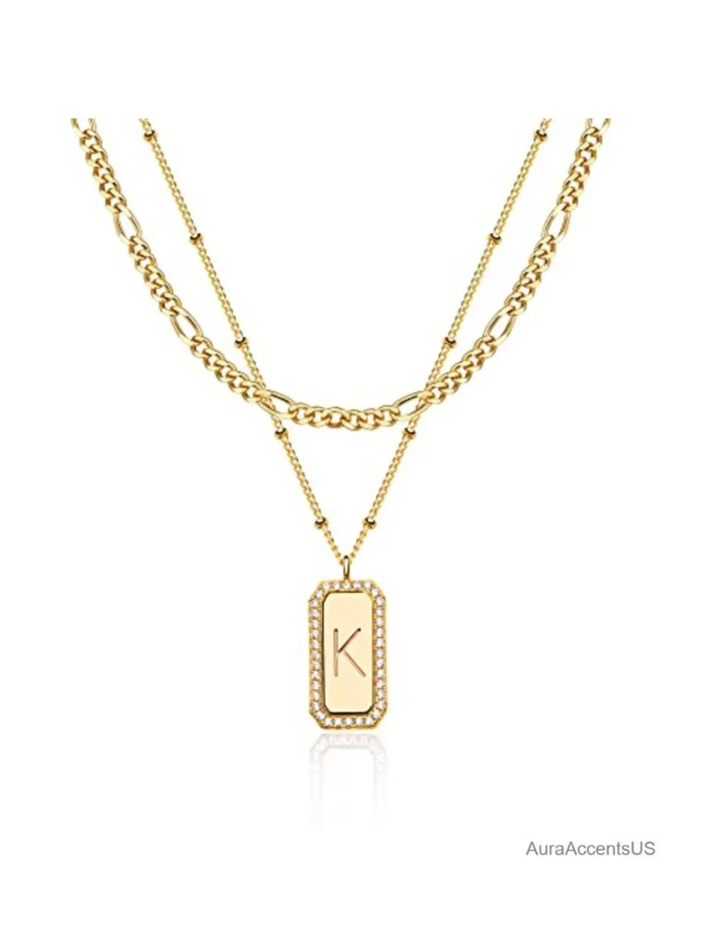 14K Gold Plated Initial Necklace Layered Figaro Chain Dainty Letter Pendant